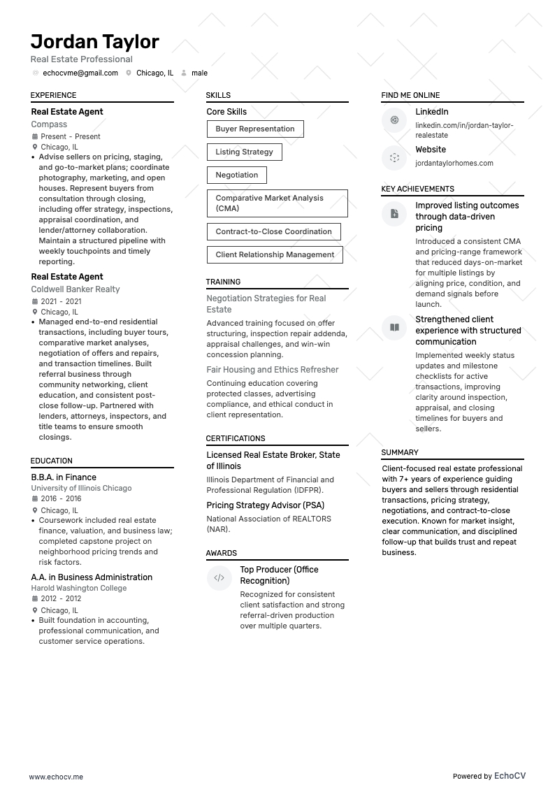Nhân viên môi giới bất động sản resume example