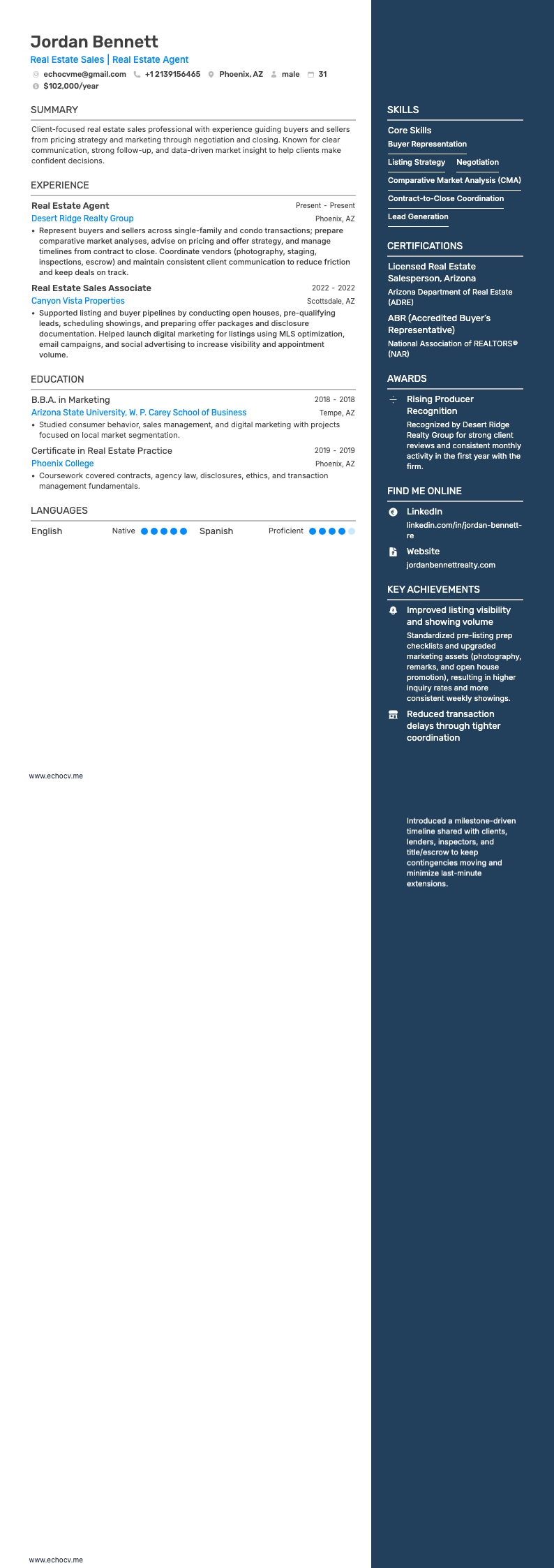 Real Estate Sales example resume