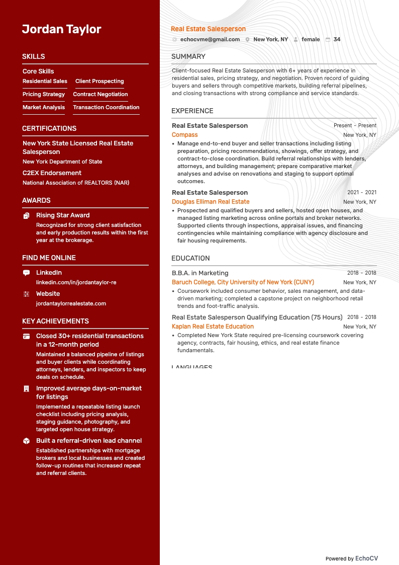 Real Estate Salesperson example resume