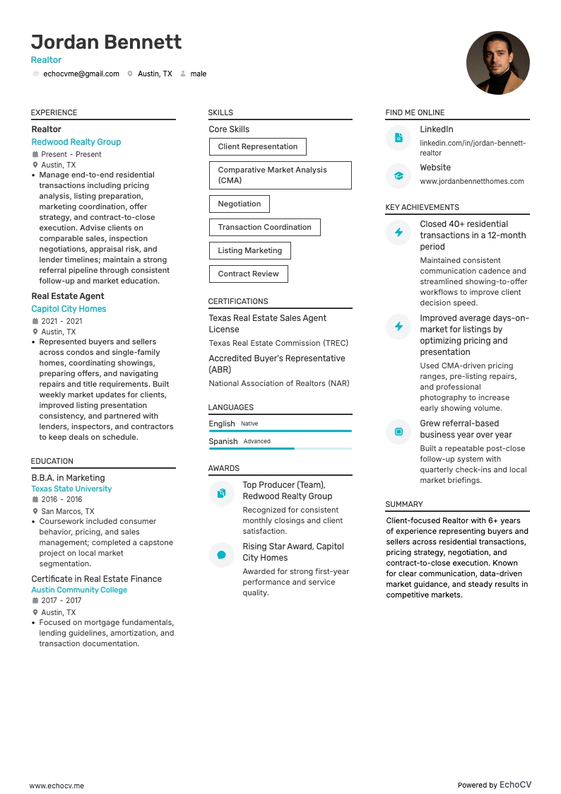 Agente immobiliare resume example