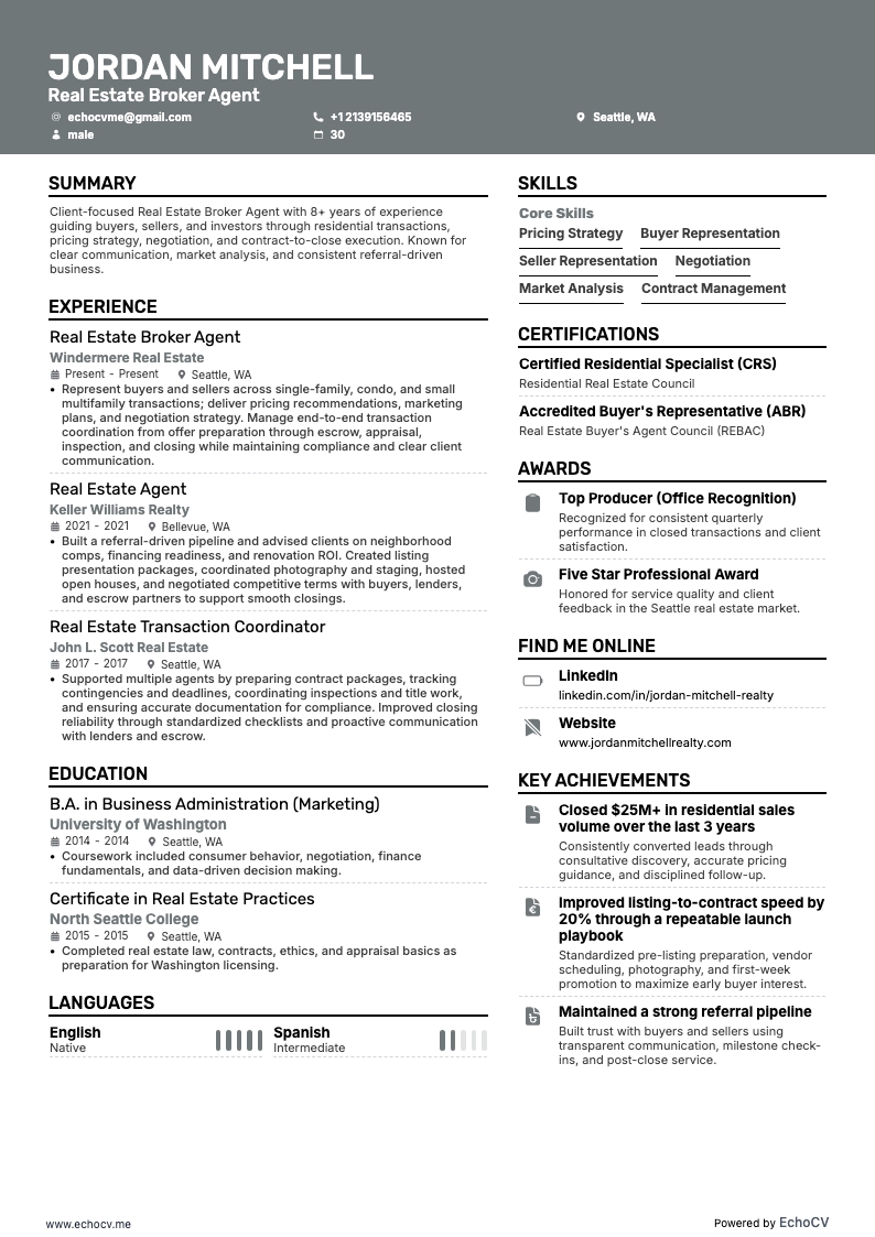 Real Estate Broker Agent example resume