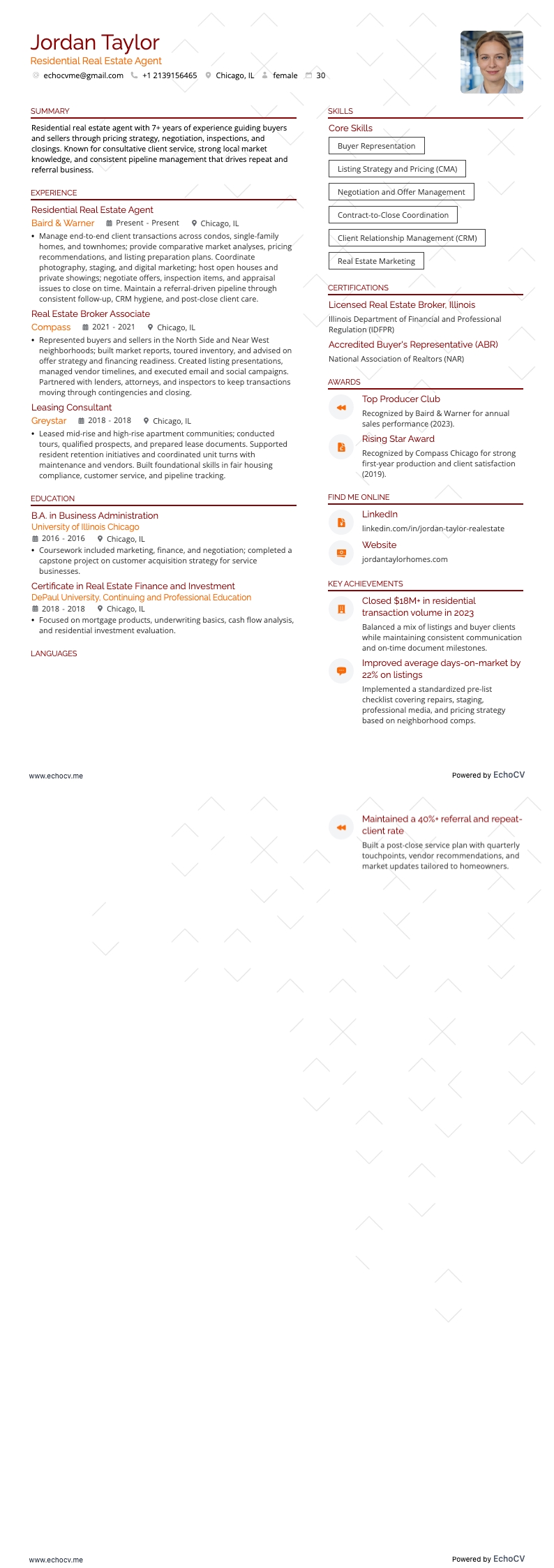 Residential Real Estate Agent example resume