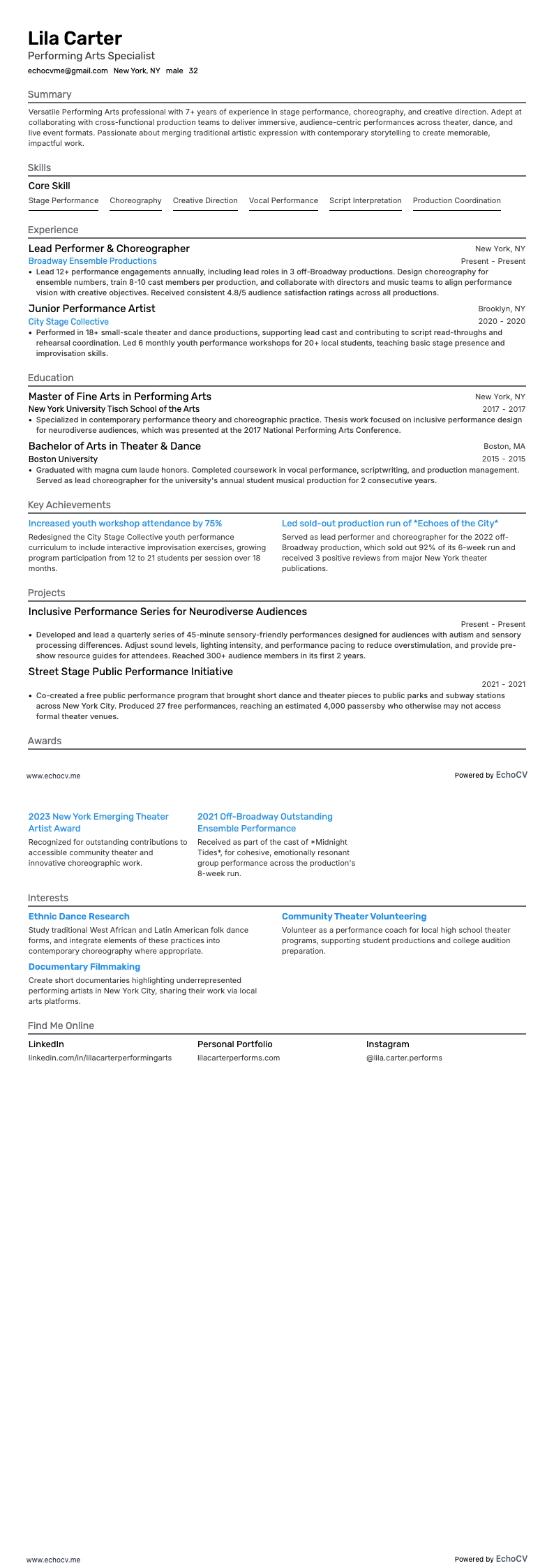 Performing Arts example resume