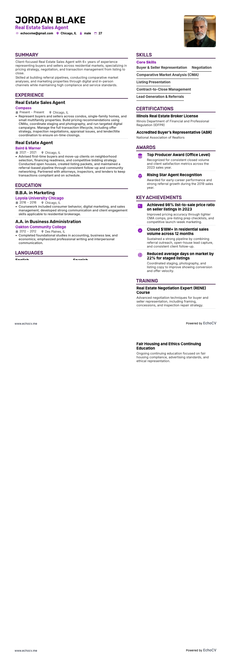 Real Estate Sales Agent example resume