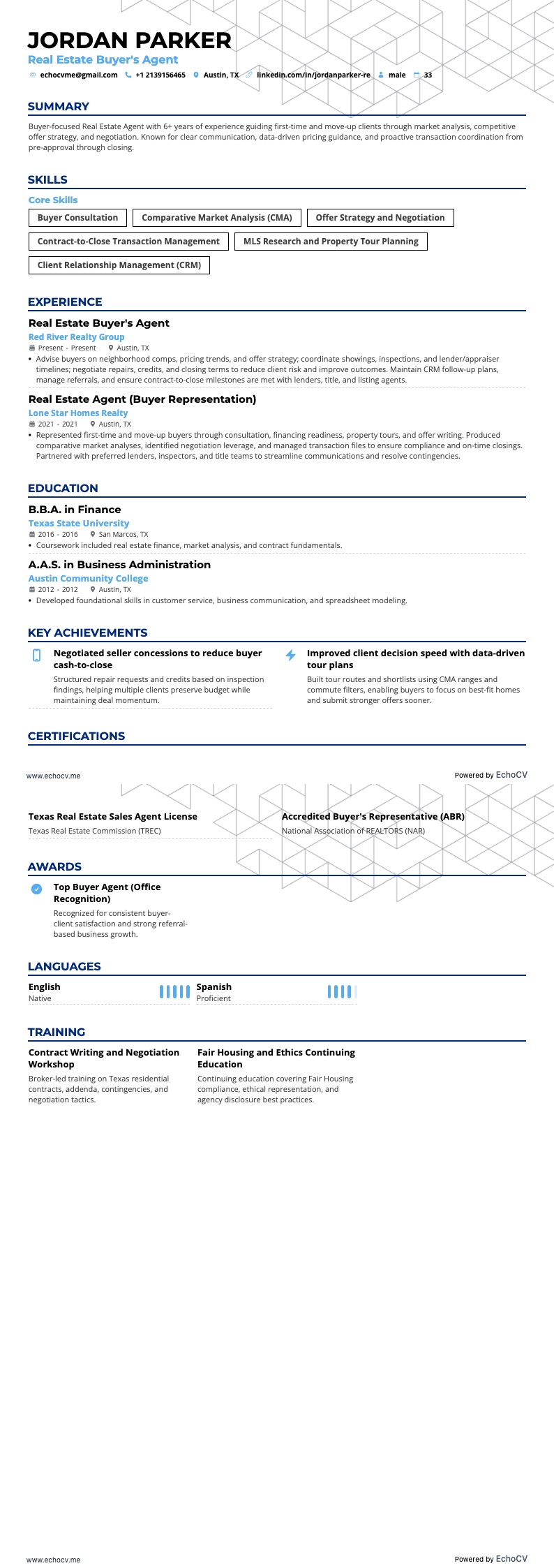 Real Estate Buyer's Agent example resume