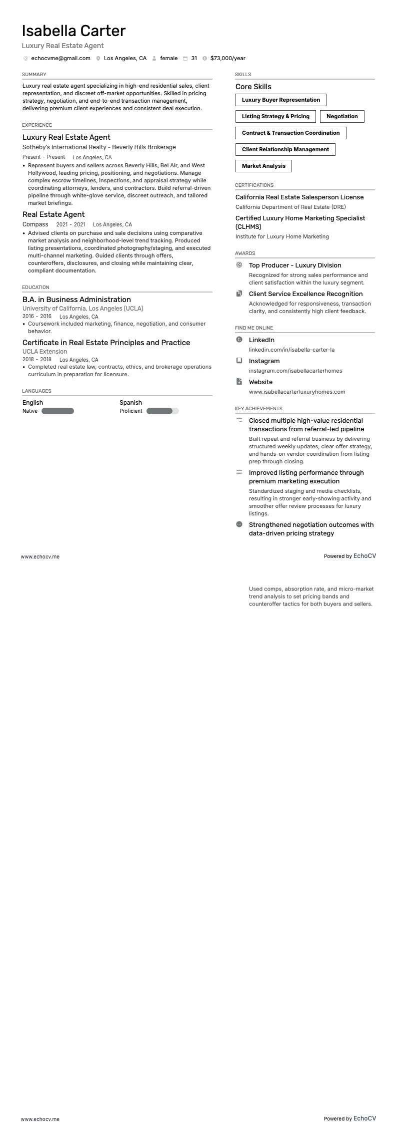 Luxury Real Estate Agent example resume