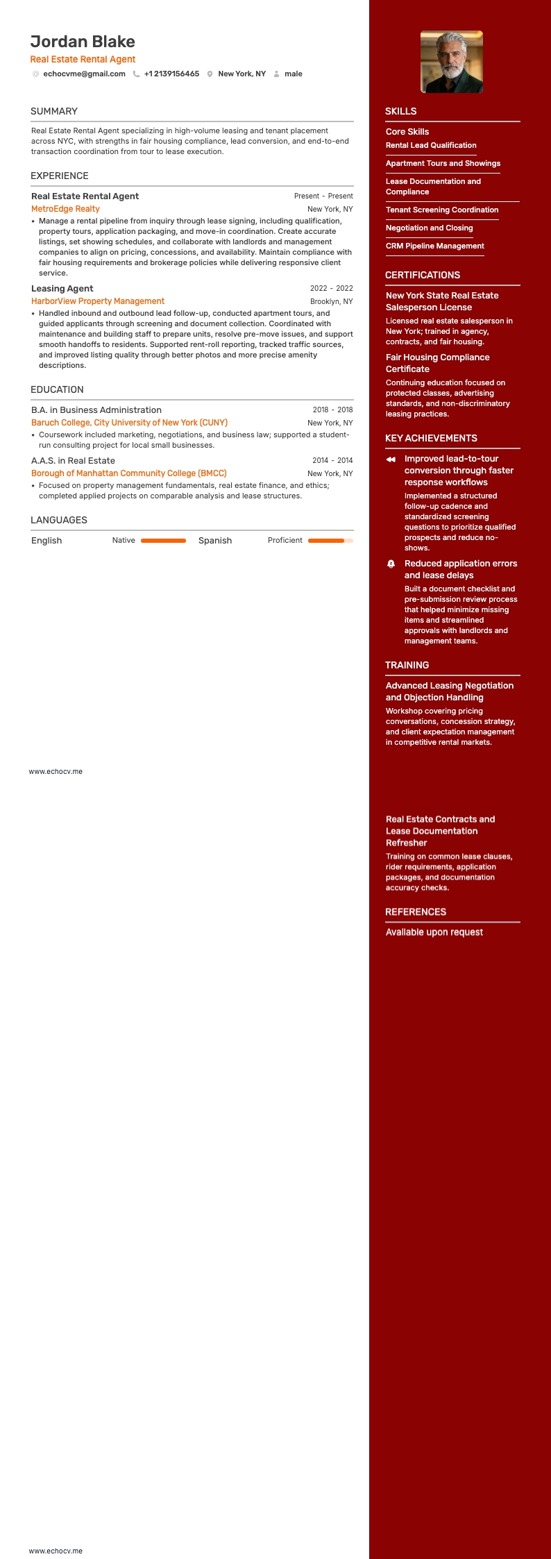 Real Estate Rental Agent example resume