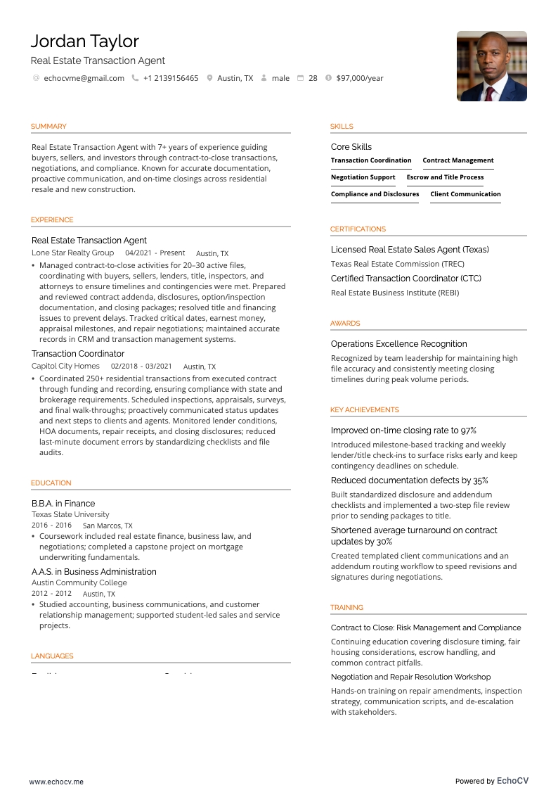 Agente inmobiliario resume example