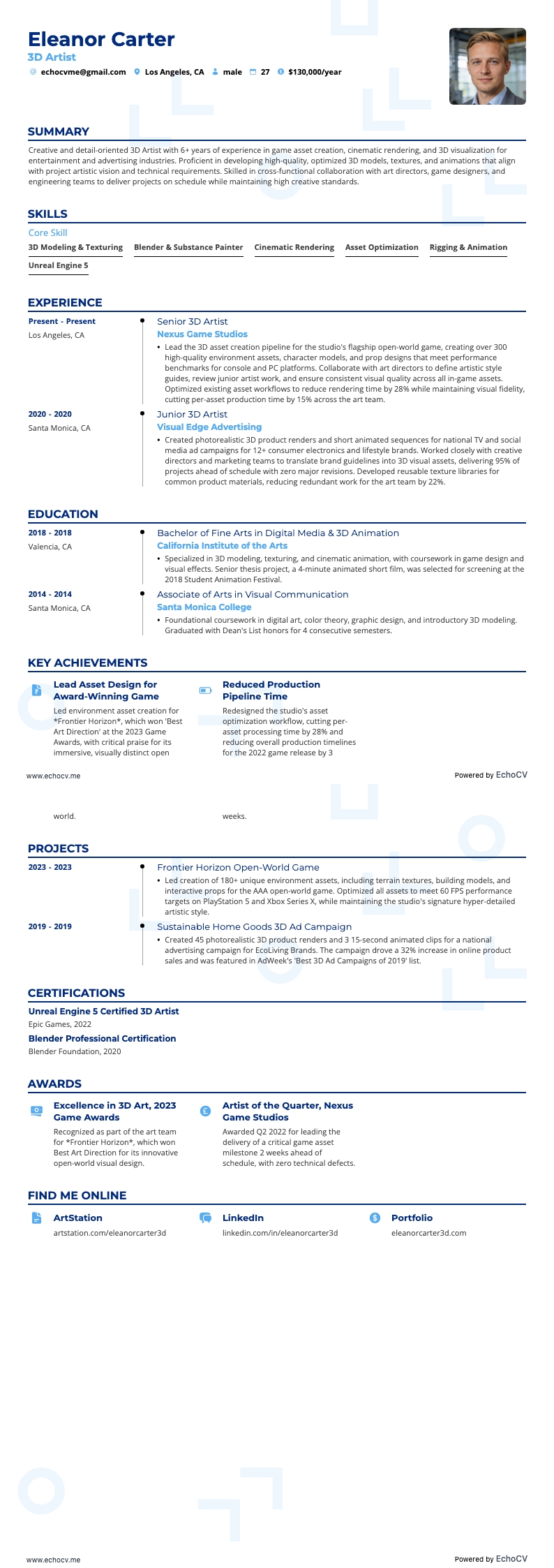 3D Artist example resume