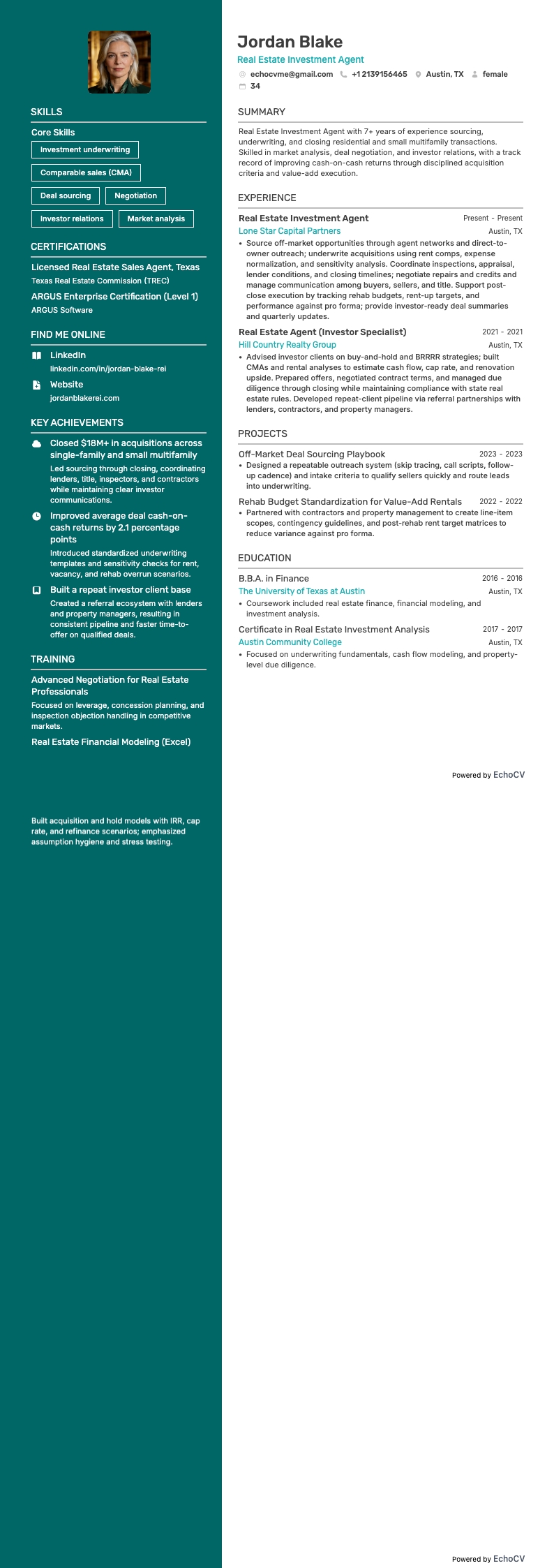 Real Estate Investment Agent example resume