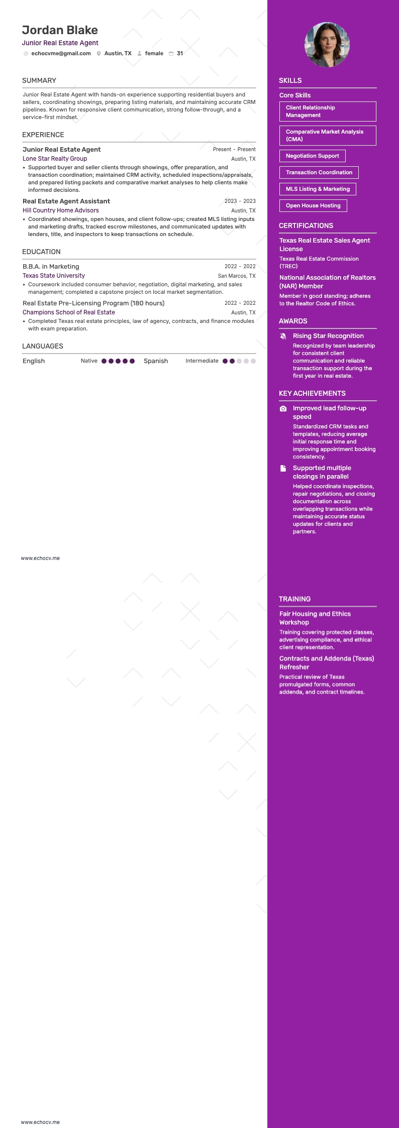 Junior Real Estate Agent example resume