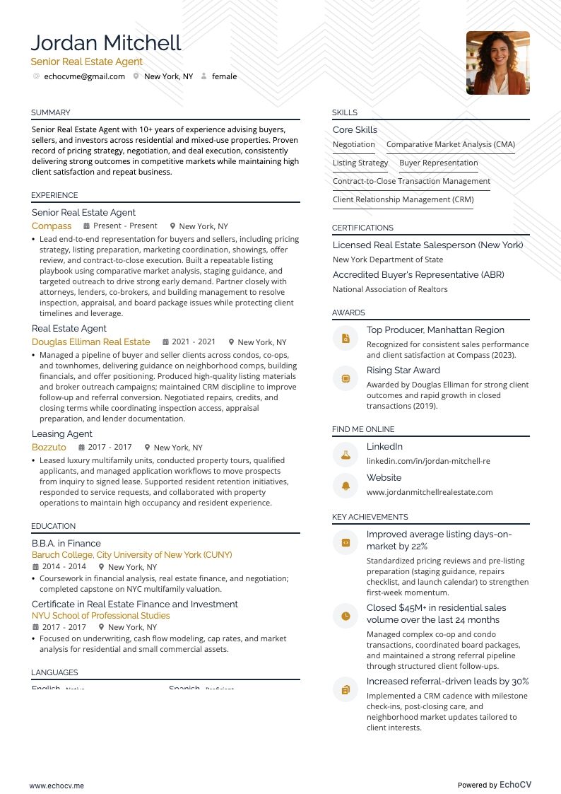 Senior Real Estate Agent example resume