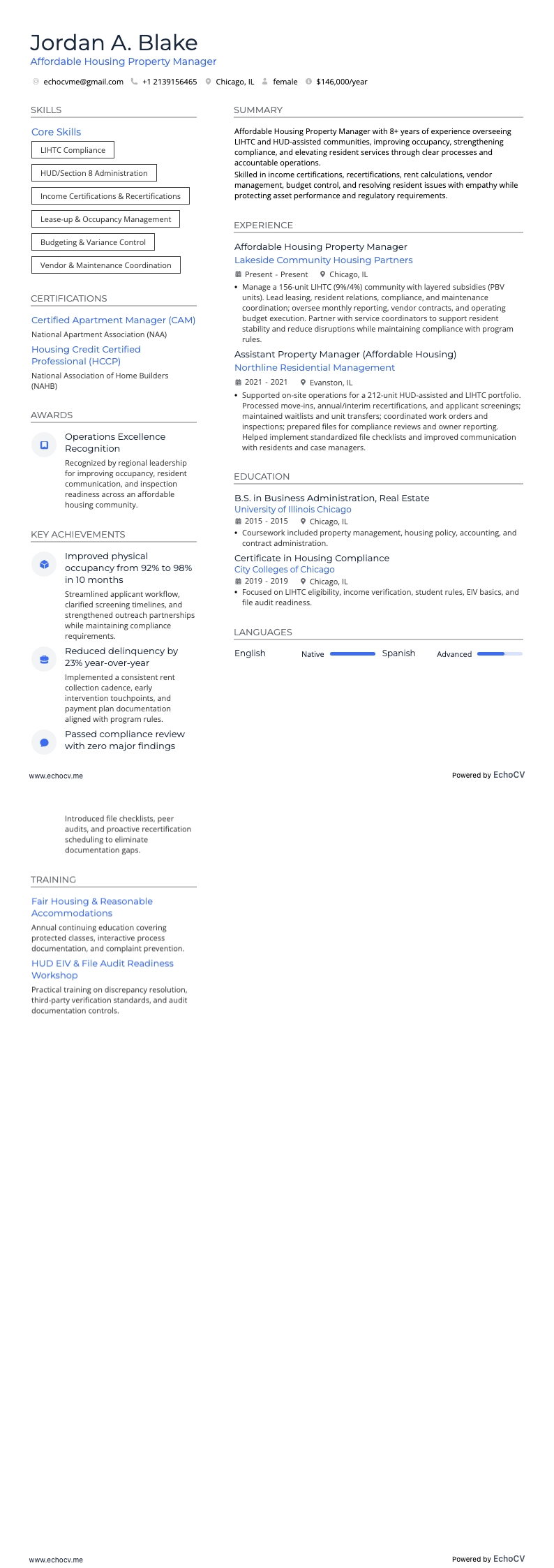 Affordable Housing Property Manager example resume