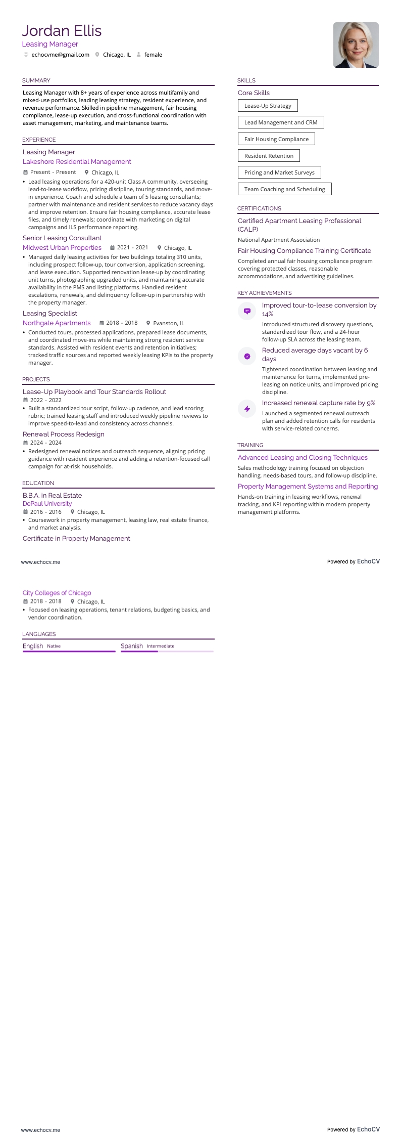 Leasing Manager example resume