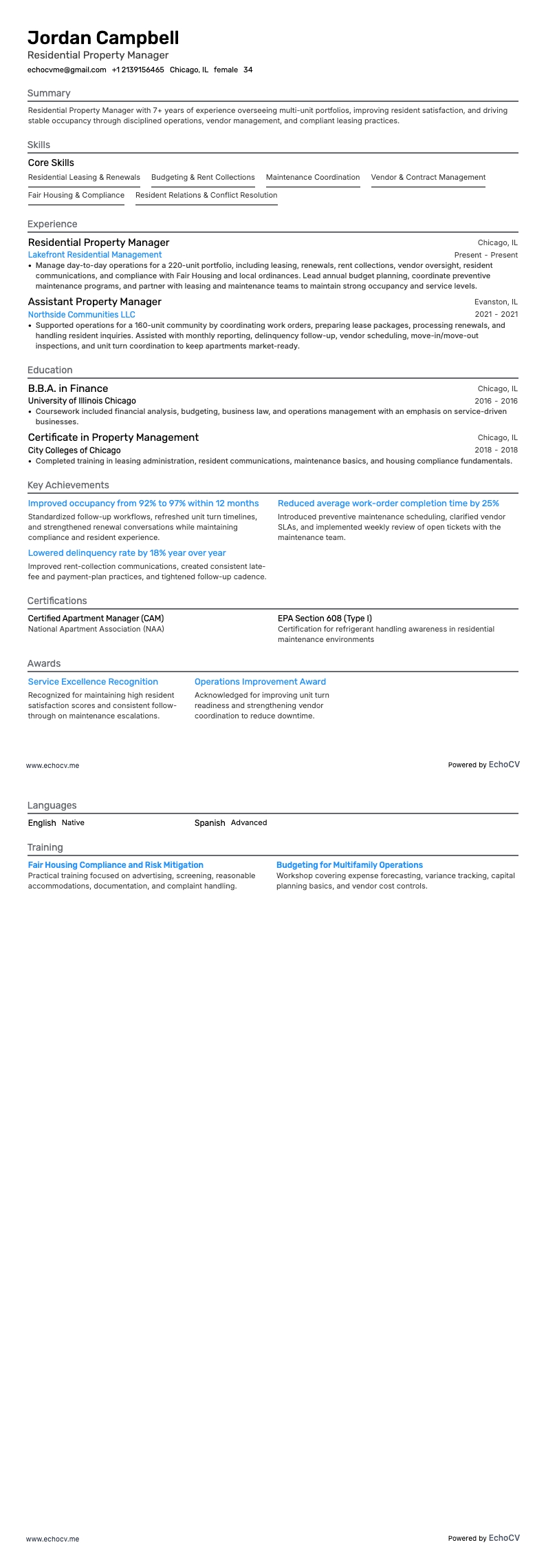 Residential Property Manager example resume