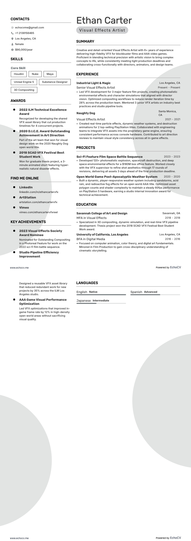 Visual Effects Artist example resume