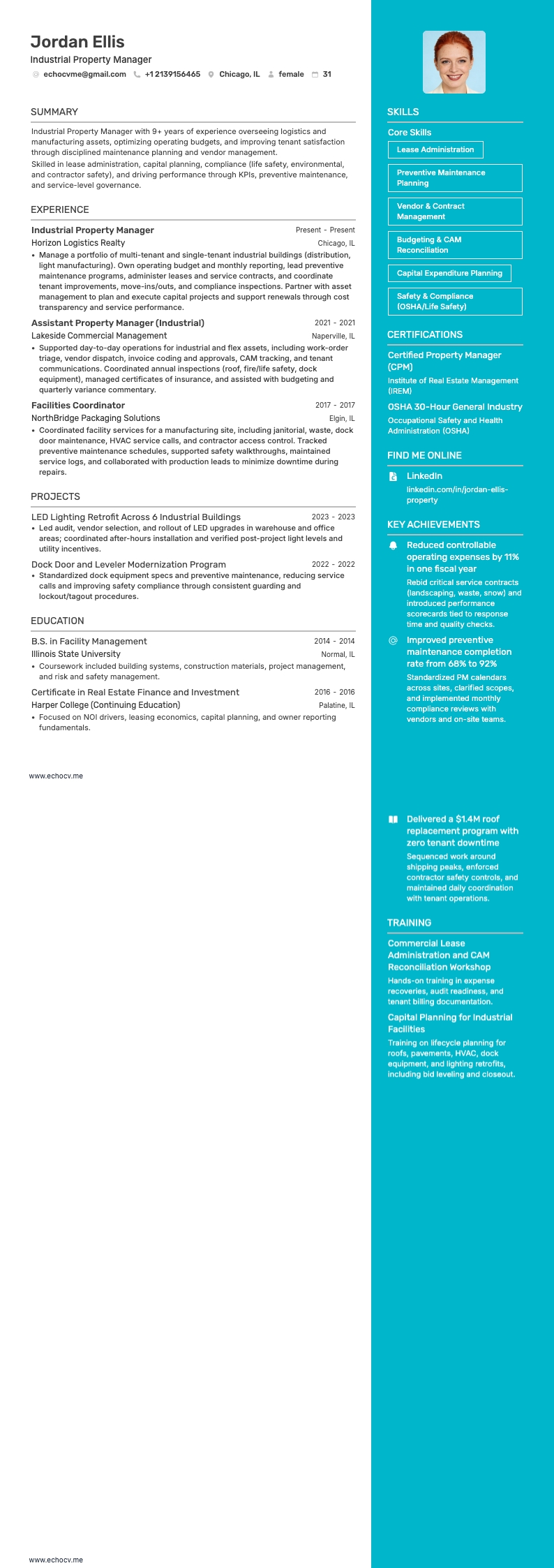 Industrial Property Manager example resume