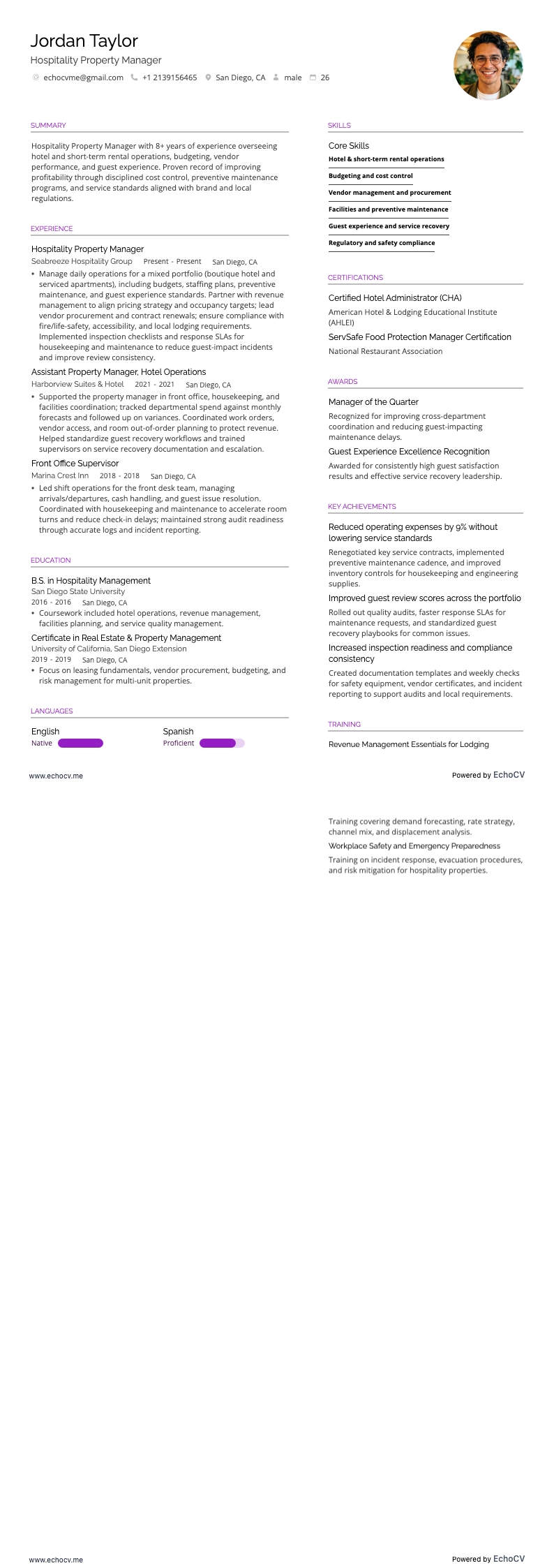 Hospitality Property Manager example resume