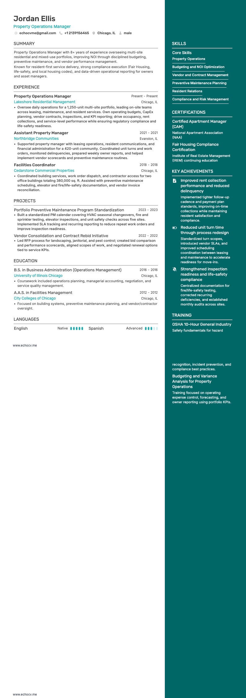 Property Operations Manager example resume