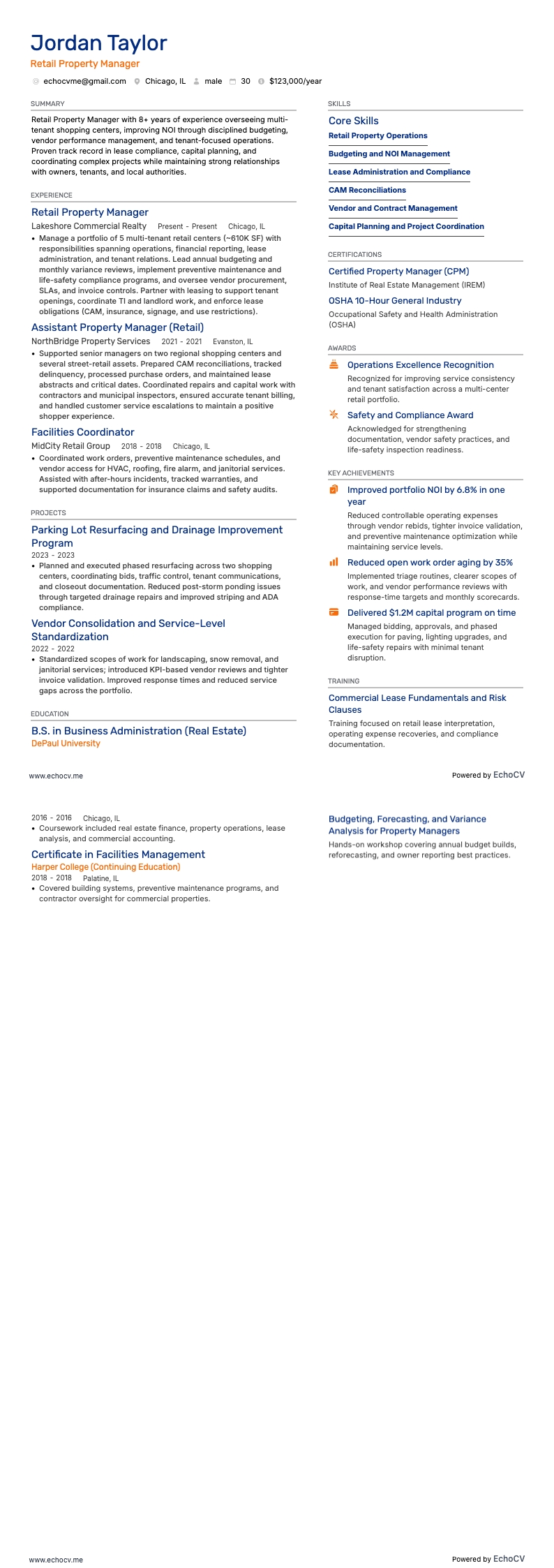 Retail Property Manager example resume