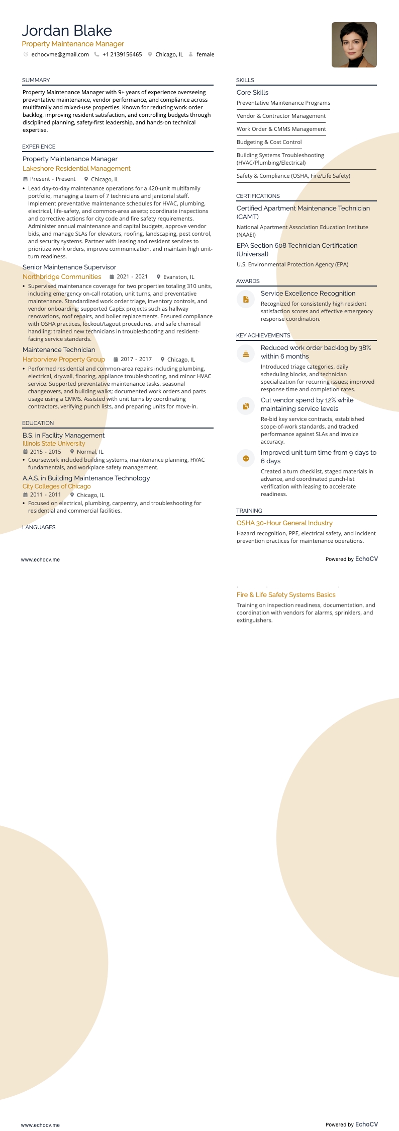 Property Maintenance Manager example resume