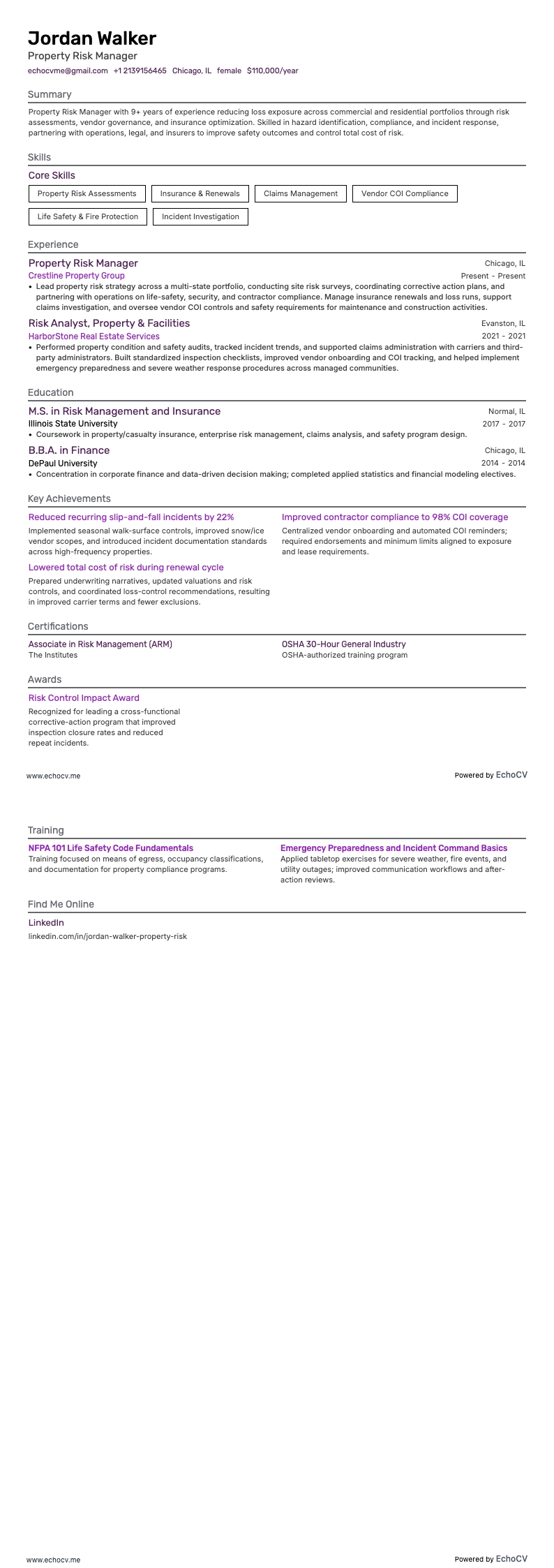 Property Risk Manager example resume