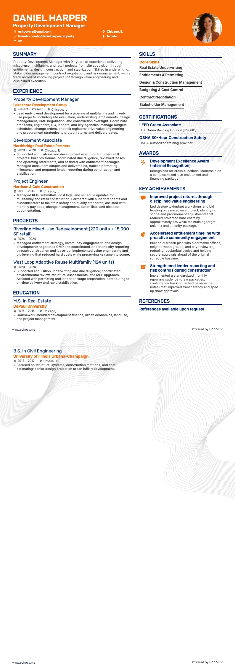 Property Development Manager example resume