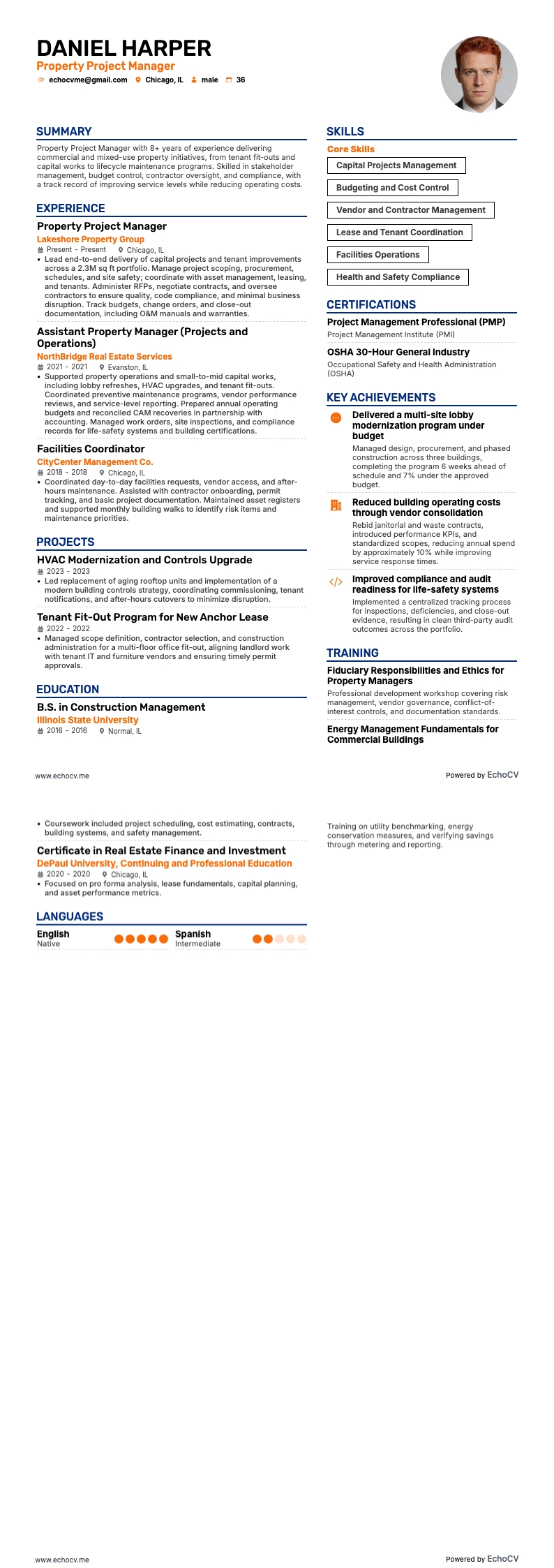 Property Project Manager example resume