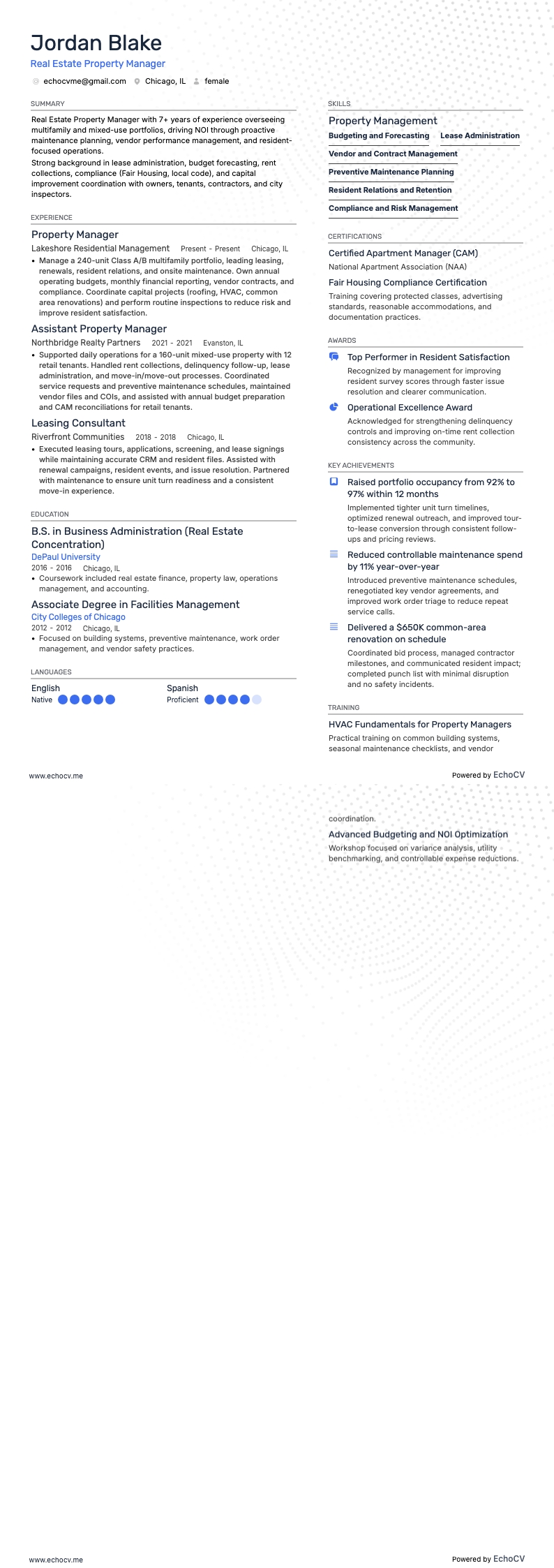 Real Estate Property Manager example resume