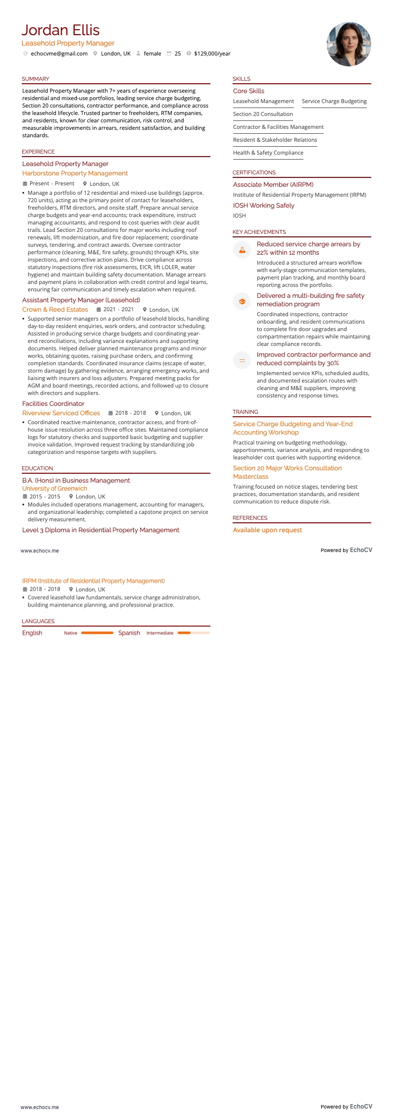 Leasehold Property Manager example resume