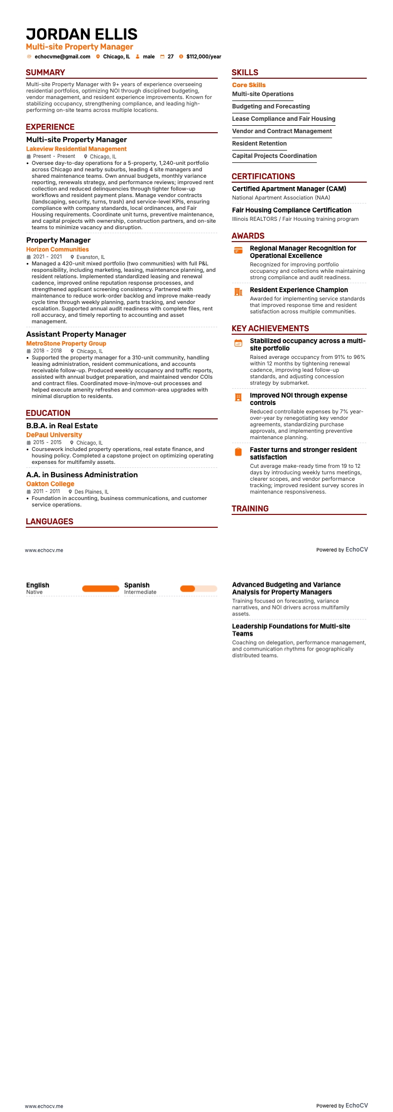 Multi-site Property Manager example resume