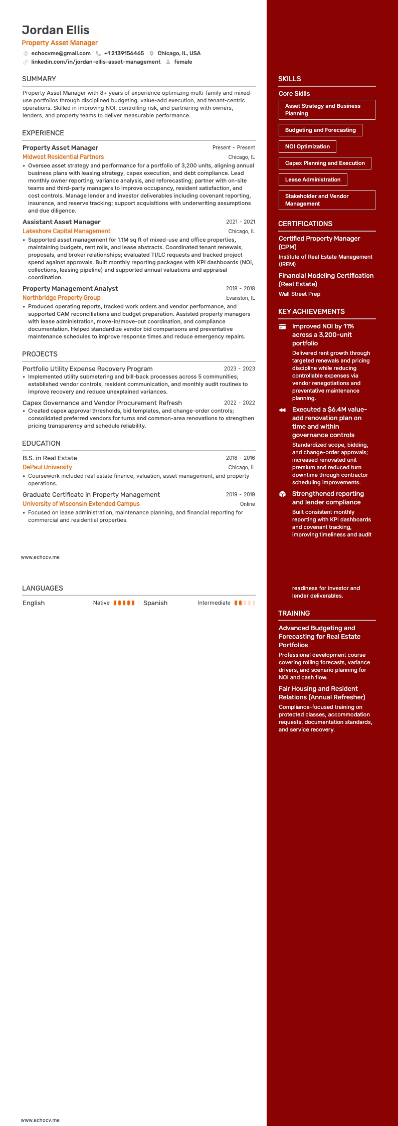 Property Asset Manager example resume