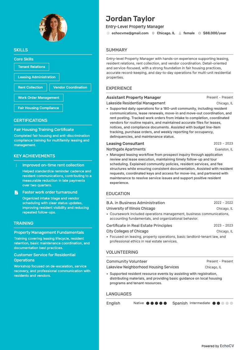 Entry-Level Property Manager example resume