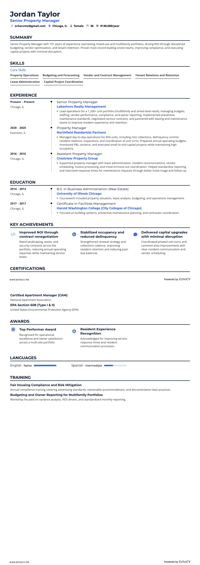 Senior Property Manager example resume