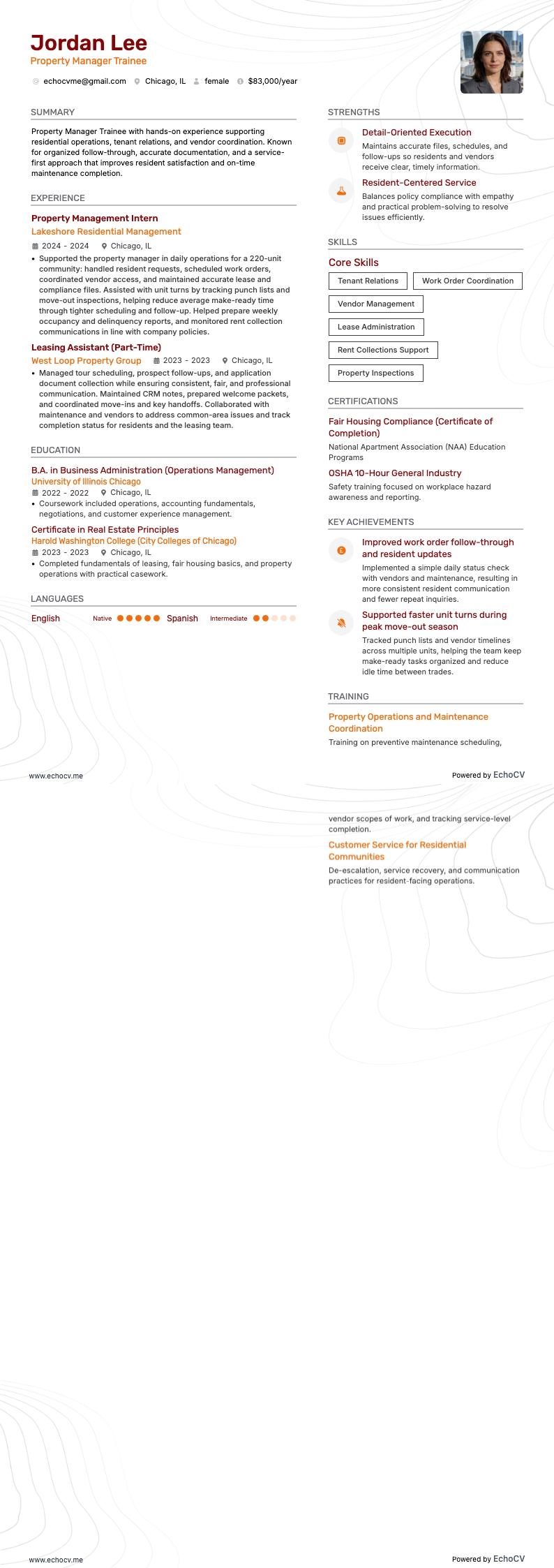 Property Manager Trainee example resume