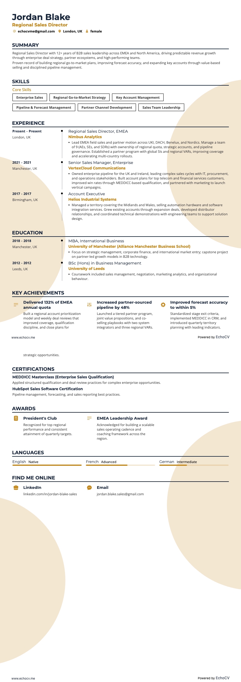 Regional Sales Director example resume