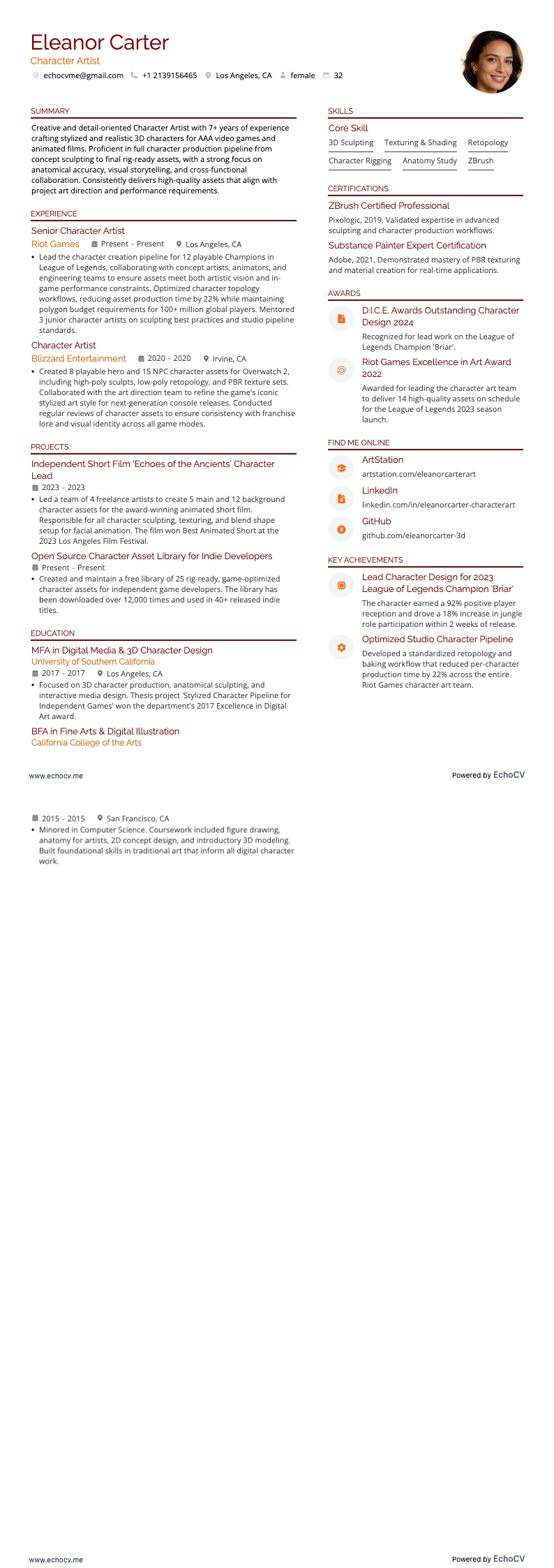 Character Artist example resume