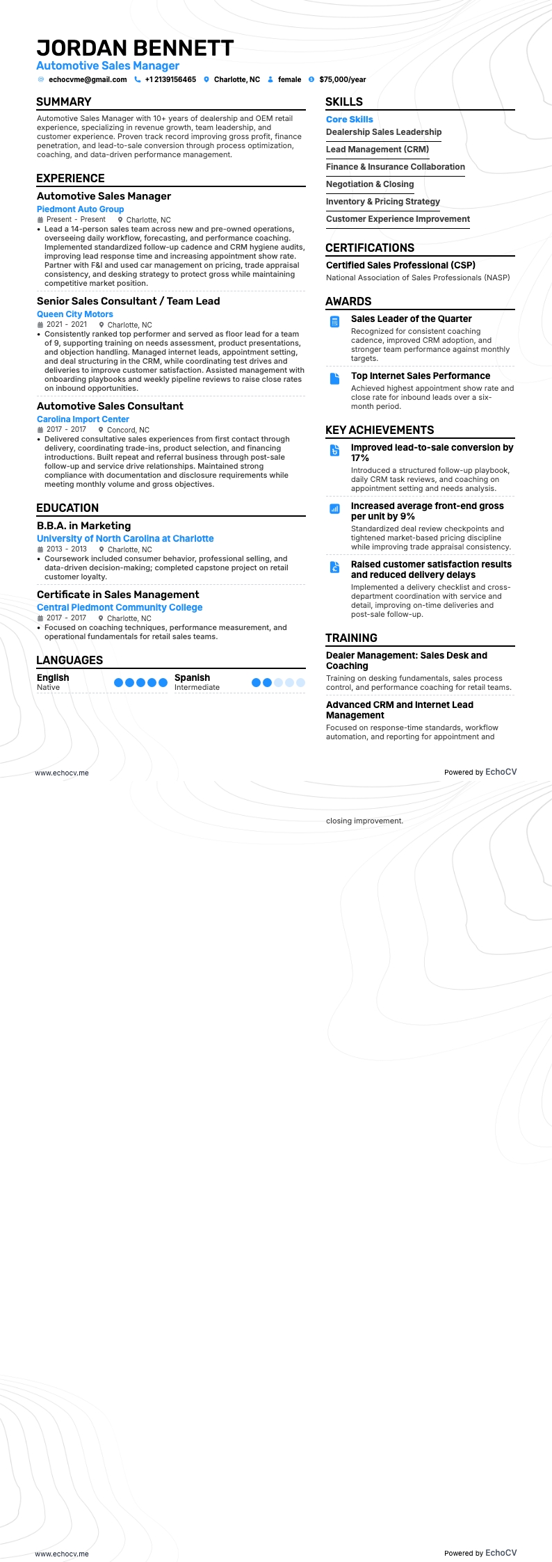Gerente de Ventas Automotrices example resume