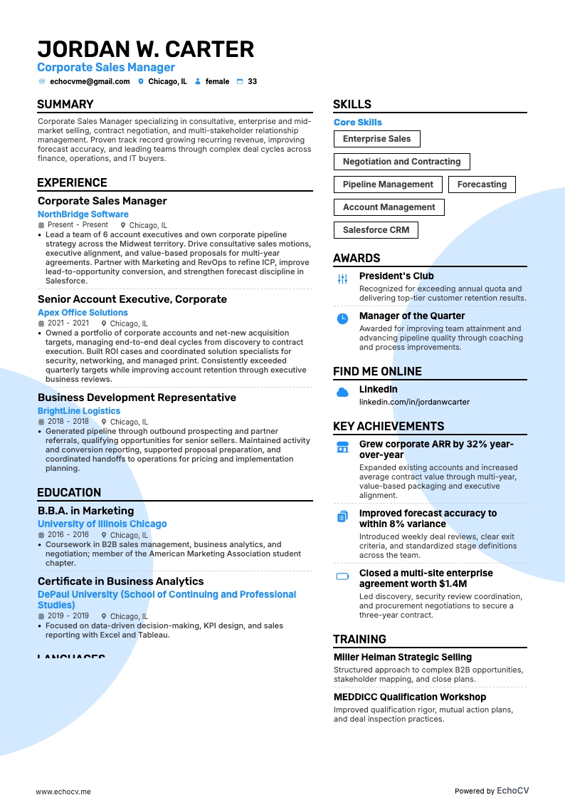 Gerente de Ventas Corporativas example resume