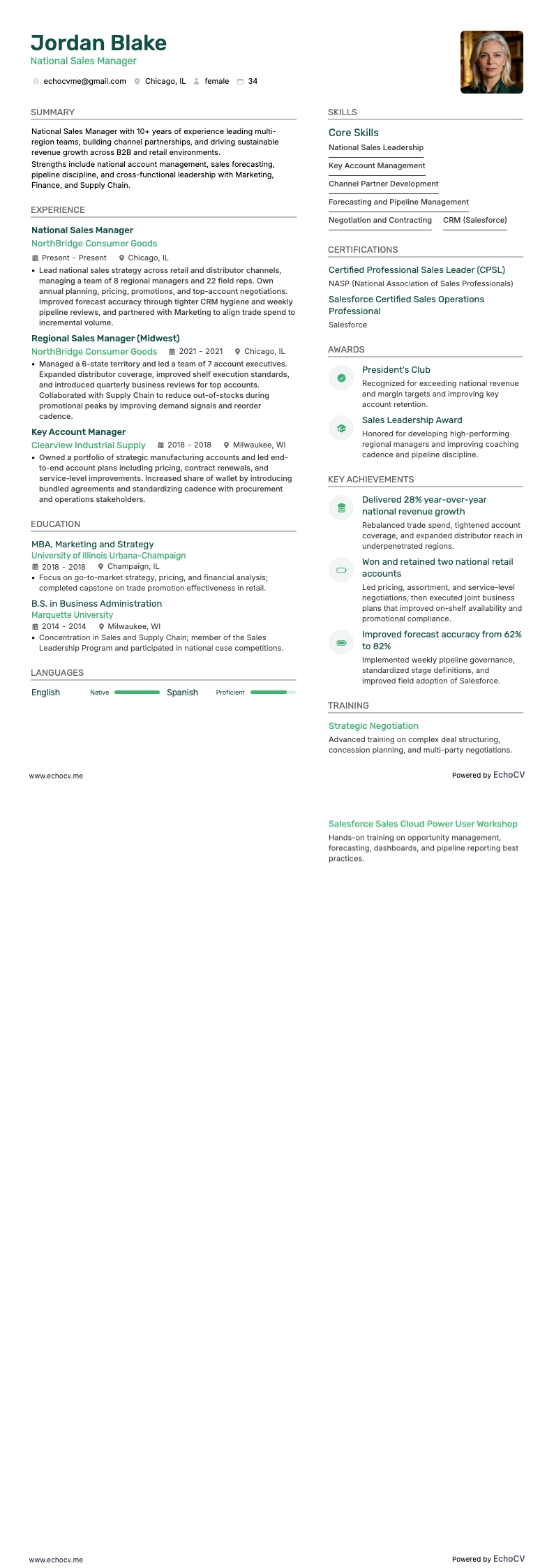 Gerente Nacional de Ventas example resume