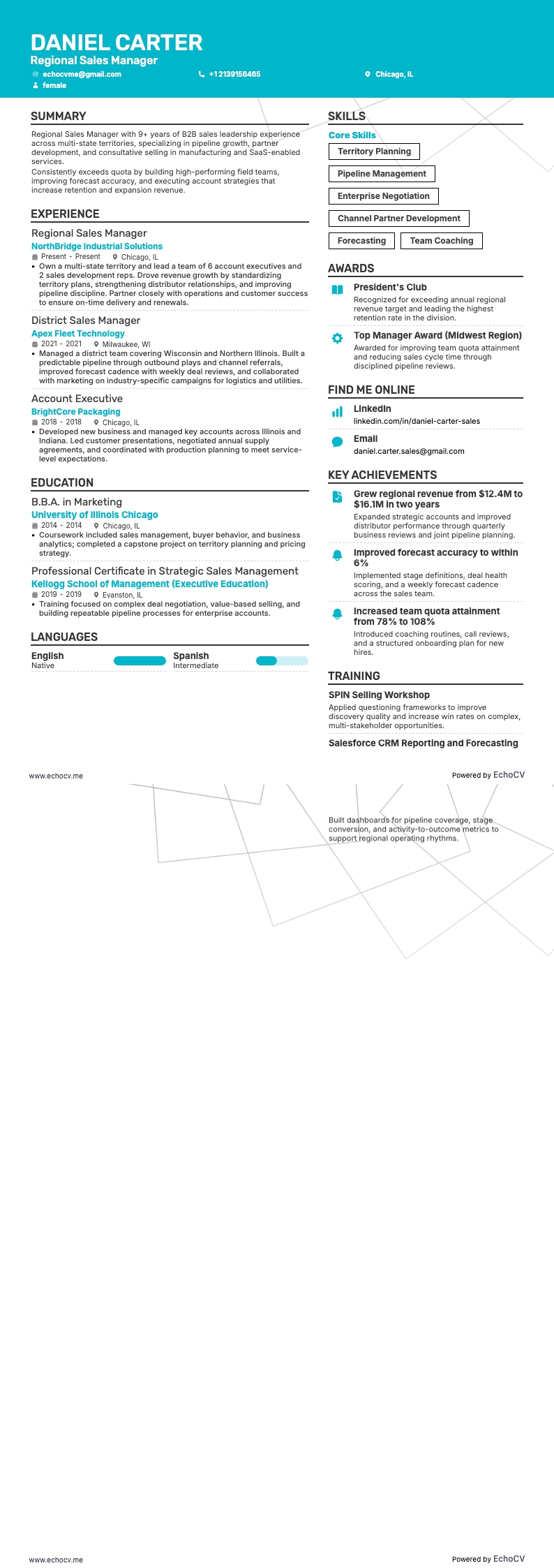 Gerente Regional de Ventas example resume