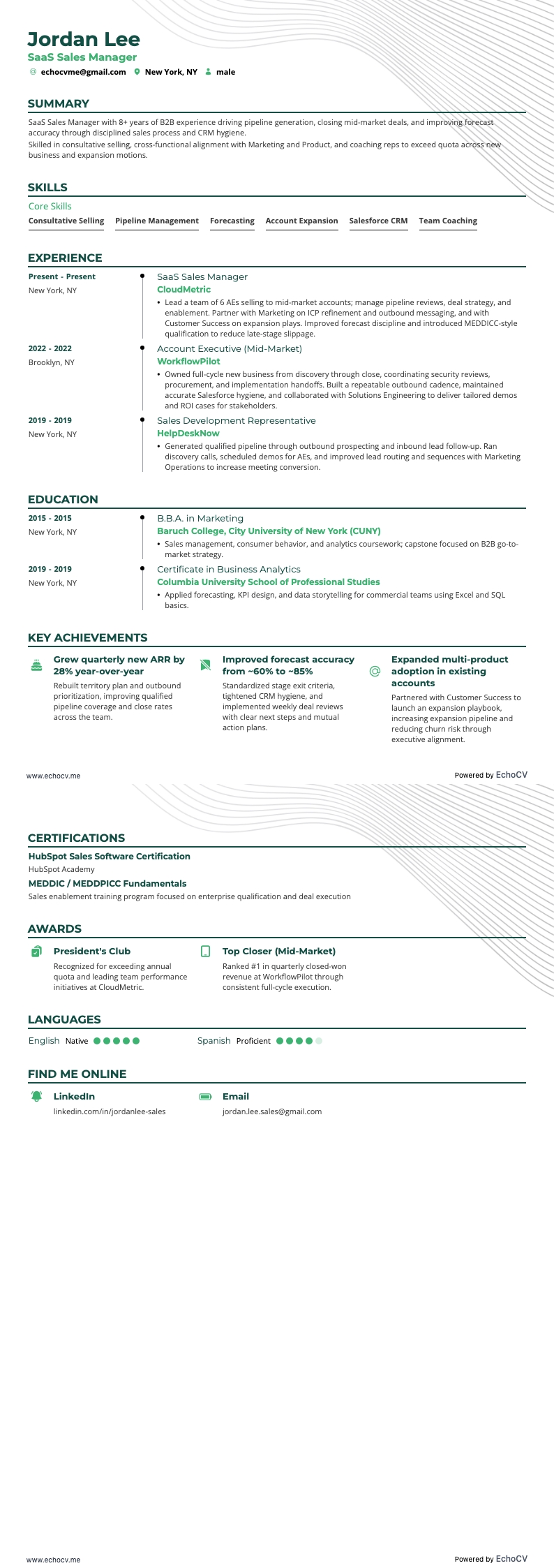 Gerente de Ventas SaaS example resume