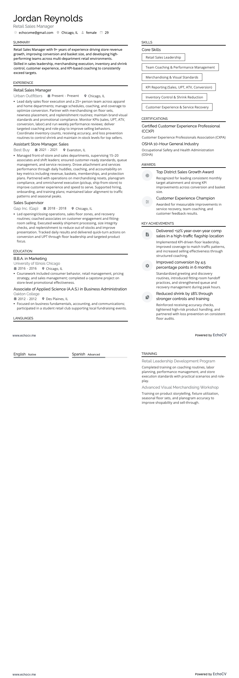 Gerente de Ventas Minoristas example resume