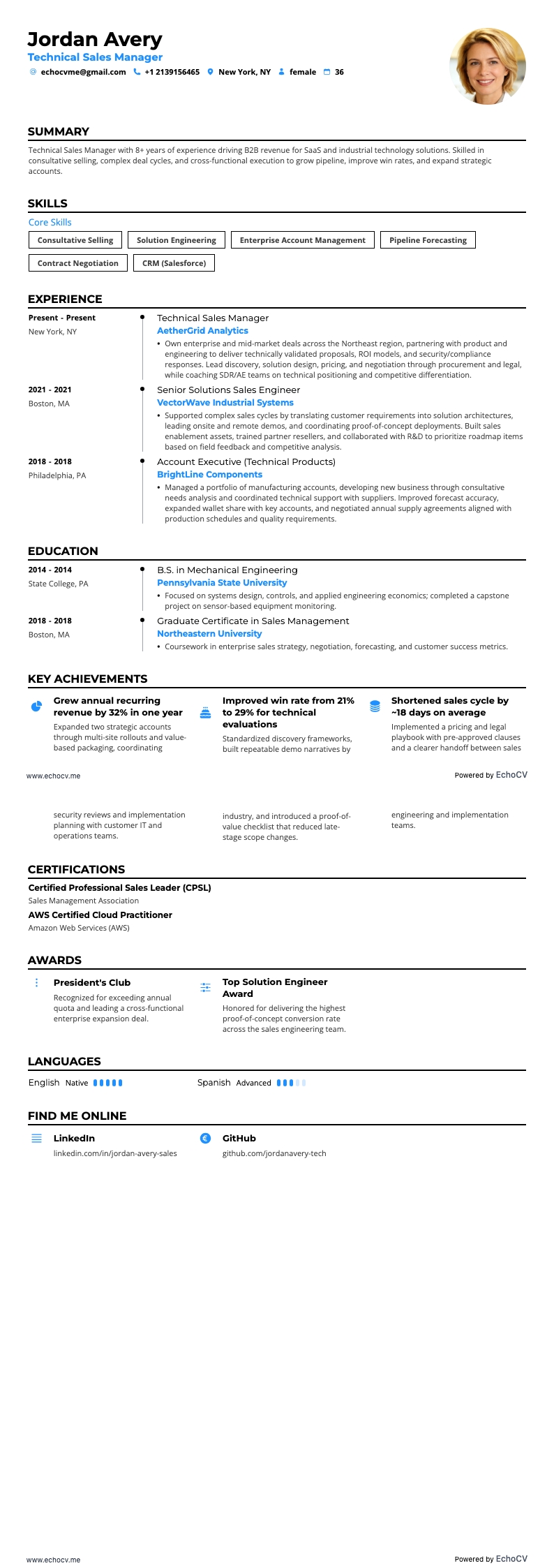 Gerente de Ventas Técnicas example resume