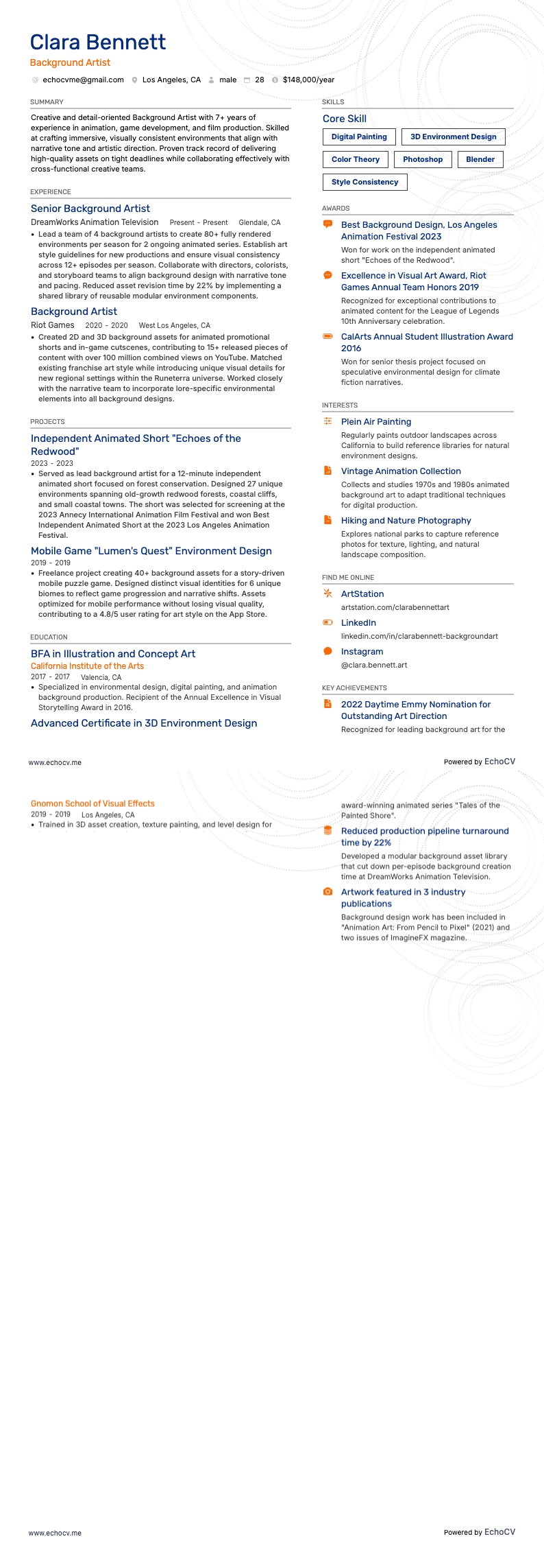 Background Artist example resume