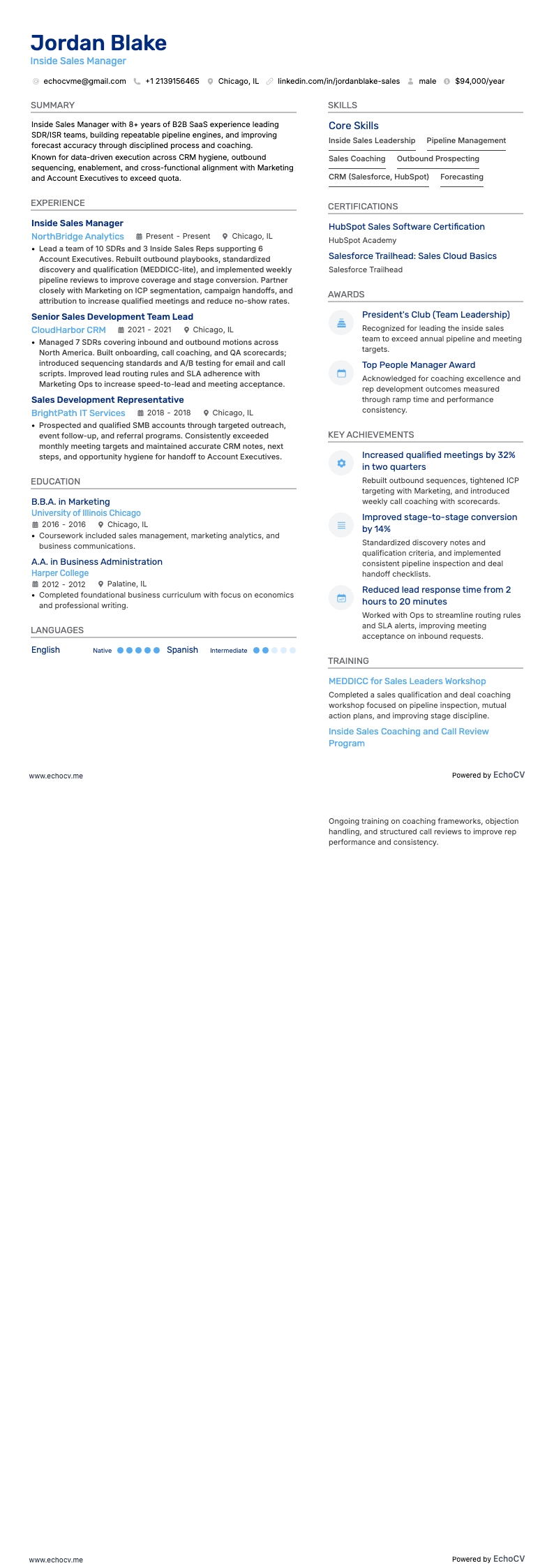 Gerente de Ventas Internas example resume