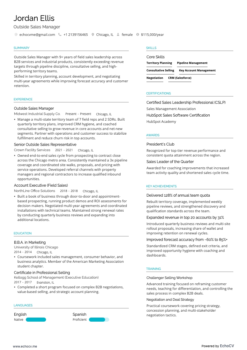 Gerente de Ventas Externas example resume