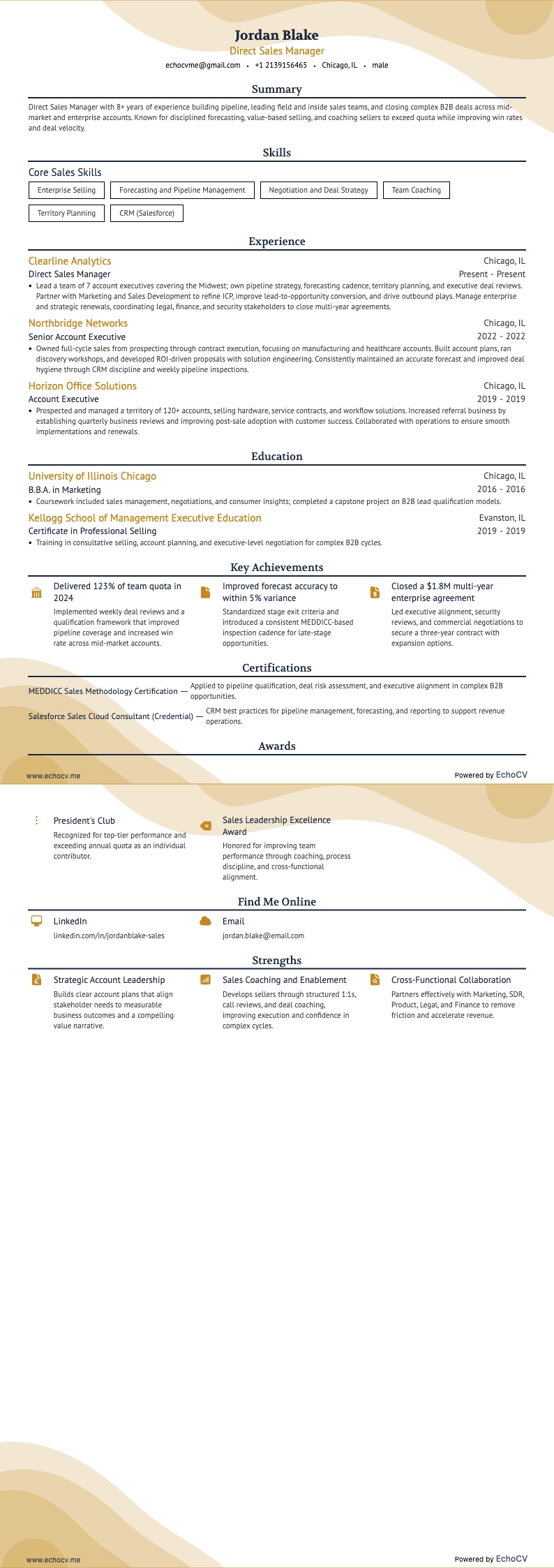 Gerente de Ventas Directas example resume