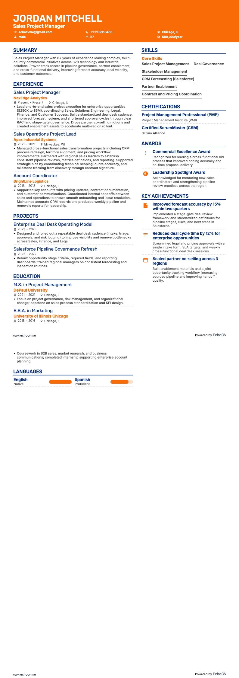 Gerente de proyectos de ventas example resume