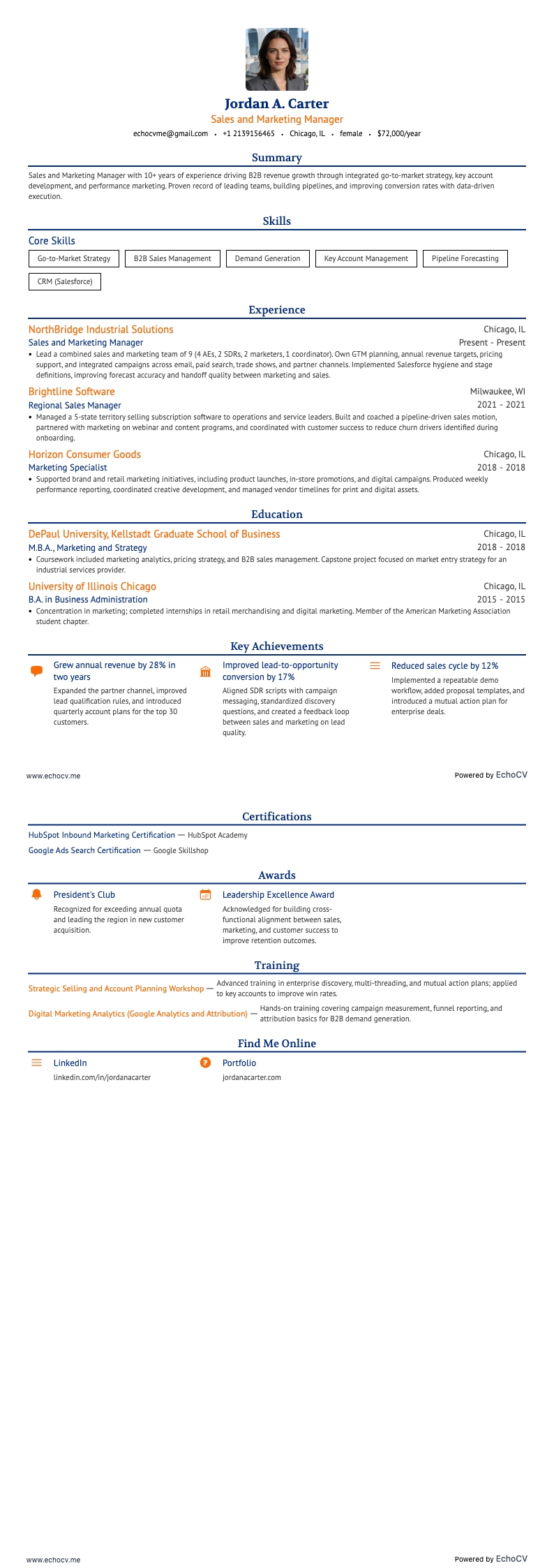 Gerente de Ventas y Marketing example resume